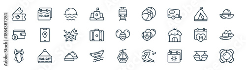 linear holidays icon pack. vector thin line icons collection such as hammock, calendar, beach sun, tent, suitcase, hat, cable car cabin, lifebouy