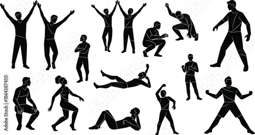 Athletic people silhouettes set, men and women jumping stretching squatting poses, fitness exercise motion collection isolated on white background
