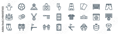 linear football icon pack. vector thin line icons collection such as stopwatch, football, tournament, goal post, off side, goal post, strategy board, trophty