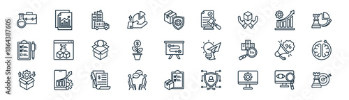 linear product management icon pack. vector thin line icons collection such as monitoring, process, supply chain, improvement, investment, brainstorming, inventory, target market