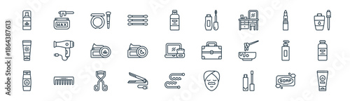 linear cosmetic product icon pack. vector thin line icons collection such as soap, wax, bronzer, lipstick, night cream, powder, bobby pin, facial foam