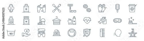 linear hygiene icon pack. vector thin line icons collection such as cough, mouthwash, hygiene, hairbrush, towel, toothbrush, robot vacuum cleaner, sanitizer
