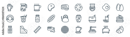 linear morning and breakfast icon pack. vector thin line icons collection such as toaster, decanter, cup, fried egg, loaf, pancake, waffle, croissant
