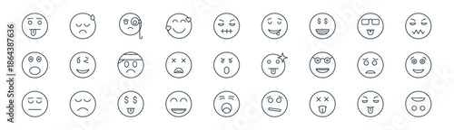 linear emoji icon pack. vector thin line icons collection such as tongue out, sad, monocle, tongue out, dead, smile, yawning, upside down