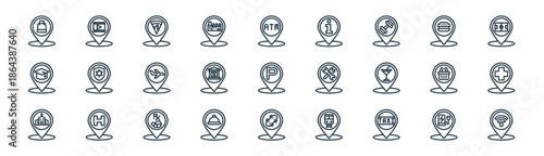 linear location and map icon pack. vector thin line icons collection such as charging, entertainment, pizza, burger, bank, hospital, skate park, wifi