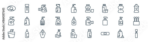 linear antiseptic icon pack. vector thin line icons collection such as warning, antiseptic, antiseptic, cotton buds,