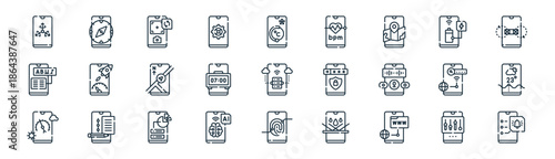 linear devices applications icon pack. vector thin line icons collection such as tings, compass, camera, power sharing, alarm, weather, fingerprint sensor, reminder