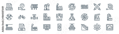linear factory icon pack. vector thin line icons collection such as repair, life insurance, training, maintenance, inventory, emission, remote control, meter