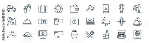 linear travel and hotel icon pack. vector thin line icons collection such as backpack, slippers, briefcase, hot air balloon, handycam, mountains, cylinder, passport