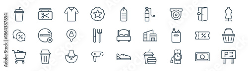 linear mall icon pack. vector thin line icons collection such as money, barber shop, shirt, emergency exit, restaurant, shopping basket, sneakers, parking