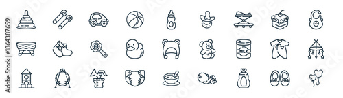 linear kids and baby icon pack. vector thin line icons collection such as baby shoes, safety pin, toy car, cake, rubber duck, hanging toys, baby, balloons