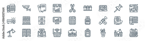 linear office icon pack. vector thin line icons collection such as desk, cctv, books, push pin, monitor, telephone, briefcase, calendar