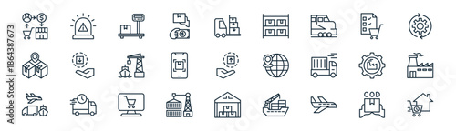 linear logistics icon pack. vector thin line icons collection such as cod, siren, platform scale, shopping list, tracking, factory, warehouse, delivery