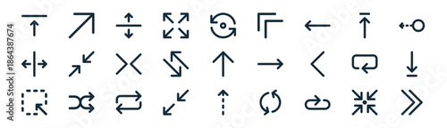 linear arrows icon pack. vector thin line icons collection such as minimize, top right, distribute spacing vertical, up arrow, diagonal arrows, down arrow, up arrow, right chevron