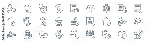 linear insurance icon pack. vector thin line icons collection such as security system, innovation, health insurance, claim, family insurance, education, flight, investment