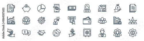 linear business and finance icon pack. vector thin line icons collection such as management, piggy bank, pie chart, income, opportunity, gold ingot, invesment, management