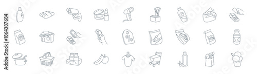 linear supermarket icon pack. vector thin line icons collection such as paper bag, sausage, cctv camera, wallet, cash only, milk bottle, tshirt, ice cream