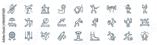 linear s icon pack. vector thin line icons collection such as dribbling, snow skiing, treadmill, headshot, diving, gymnastics, trophy, yoga