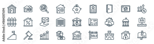 linear real estate icon pack. vector thin line icons collection such as mortgage, home, research, smart home, garage, land, house, mailbox