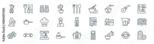 linear kitchen and cooking icon pack. vector thin line icons collection such as bake, kitchen tools, salt and pepper, pizza knife, chef, recipe, rice cooker, plates
