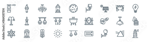 linear lighting icon pack. vector thin line icons collection such as prism, torch, chandelier, spotlight, led lamp, lighter, light, lighthouse