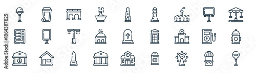 linear city element icon pack. vector thin line icons collection such as store, trash bin, bridge, billboard, mosque, fire hydrant, school, stop
