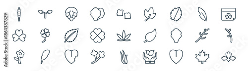 linear leaf icon pack. vector thin line icons collection such as leaf, leaf, pine cone, clover, twig,