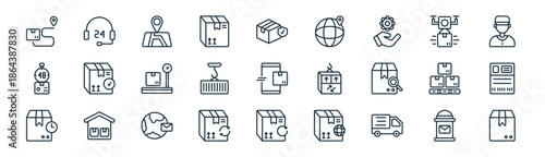 linear delivery icon pack. vector thin line icons collection such as postal service, customer support,  , drone delivery, container, shipping label, delivery, package