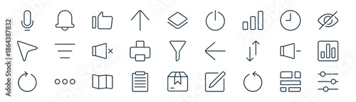 linear essential ui icon pack. vector thin line icons collection such as dashboard, notification, like, clock, print, analytics, package, ting