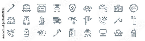 linear firefighter icon pack. vector thin line icons collection such as siren, mask, emergency exit, first aid kit, fire truck, lighter, matches, walkie talkie