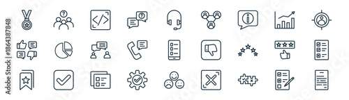 linear survey icon pack. vector thin line icons collection such as feedback, question, coding, trend, phone survey, checklist, emoji, form