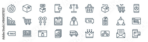linear ecommerce icon pack. vector thin line icons collection such as email marketing, product, cod, cross selling, social marketing, buy button, shipping, payment