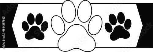 Black and white dog paw print banner, pet footprint symbol, animal logo design, minimal vector illustration, pet care concept