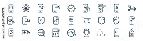 linear online shopping icon pack. vector thin line icons collection such as message, premium quality, payment, notification, good review, bad review, target, price tag