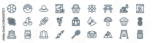 linear picnic icon pack. vector thin line icons collection such as swing, donuts, hat, destination, lemonade, pine, tennis racket, matches