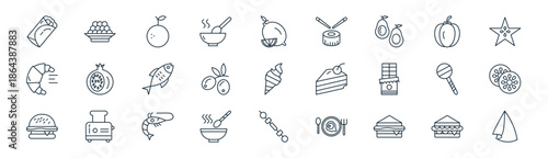 linear gastronomy icon pack. vector thin line icons collection such as sandwich, caviar, orange, pepper, olives, kiwi, skewer, napkin