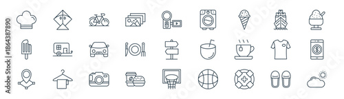 linear holidays icon pack. vector thin line icons collection such as slippers, kite, bicycle, yacht, cutlery, smartphone, basketball ball, cloud