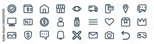 linear ecommerce and shopping icon pack. vector thin line icons collection such as back, wallet, home, pin map, profile avatar, crown, close button, game
