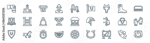 linear horse riding icon pack. vector thin line icons collection such as brush, podium, bucket, boot, trophy, sports gloves, wheels, jacket