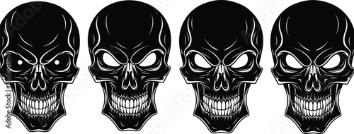 black skull illustration, scary gothic skulls, dark horror art set, aggressive skull faces, vector tattoo design, monochrome evil character collection