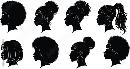 black women hairstyle silhouettes set, afro curly ponytail bun profiles, beauty fashion vector collection, elegant female hair icons