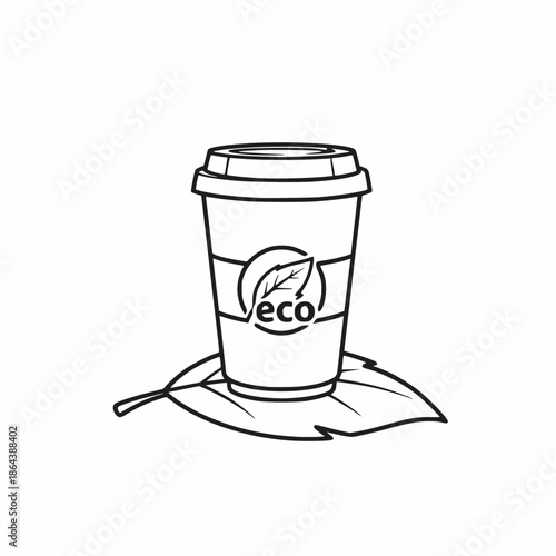 A clean line art illustration of an eco takeaway coffee cup featuring a leaf logo, resting on a leaf. Perfect for sustainability, green living, and environmentally conscious messaging in media.