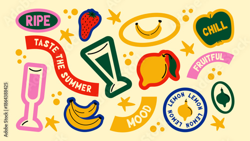 Retro cartoon fruit and cocktail label stickers. Paper tags, price labels, colorful grocery badges with a 90s packaging vibe.