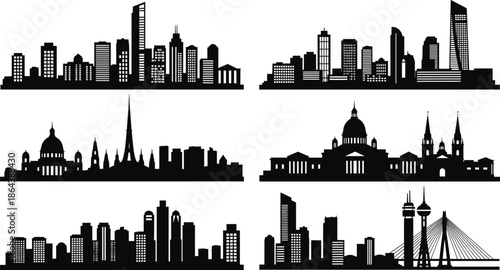 city skyline silhouette vector set, modern urban architecture landmarks collection, black building panorama illustration for travel branding and design projects