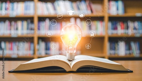 A glowing lightbulb floats above an open book, surrounded by digital educational icons, in library