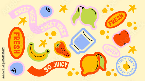 Vintage fruit and cocktail labels with retro cartoon design. Grocery-style paper tags, price stickers and trendy 90s patches.