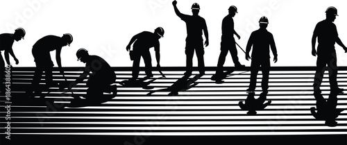 construction workers silhouette team, steel rebar installation scene, building site labor concept, industrial workforce vector, black white illustration