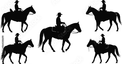 cowboy horse riding silhouette vector set, western equestrian man on horseback collection, black rider illustration for ranch branding design projects