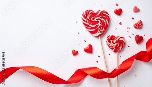 Heart-shaped lollipops and scattered hearts with a red ribbon on a white background