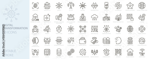 Digital transformation icons set. Artificial intelligence, data, automation, innovation, digitalization, digital services, technology, cloud computing.Thin line editable stroke vector illustrations.